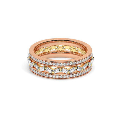 The baguette diamond Aadhya Ring is a marvel only matched by the love you and your partner share. This handcrafted wedding band has two white gold diamond bands that are connected by an intricate design of baguette diamonds and yellow gold. An exploration of India’s rich and opulent roots, the Aadhya Ring was designed to represent the marriage of two individual lives, coming together in a bond of love and commitment.