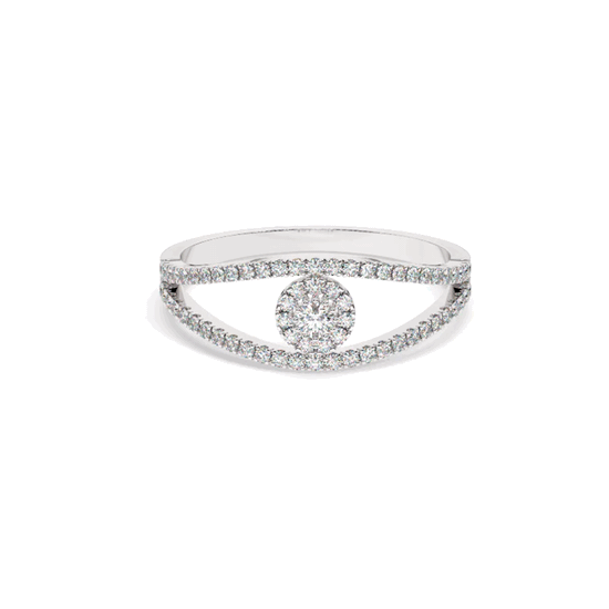 The star of one’s eye, the Nayanatara Ring represents the sparkle in the eye of your lover’s heart. This white gold, artisan, hand-crafted, diamond ring was delicately designed with thin bands of white diamonds surrounding both sides of the center stone that’s intricately adorned with more precious sparkles.