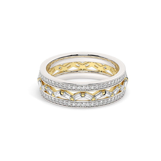 The baguette diamond Aadhya Ring is a marvel only matched by the love you and your partner share. This handcrafted wedding band has two white gold diamond bands that are connected by an intricate design of baguette diamonds and yellow gold. An exploration of India’s rich and opulent roots, the Aadhya Ring was designed to represent the marriage of two individual lives, coming together in a bond of love and commitment.