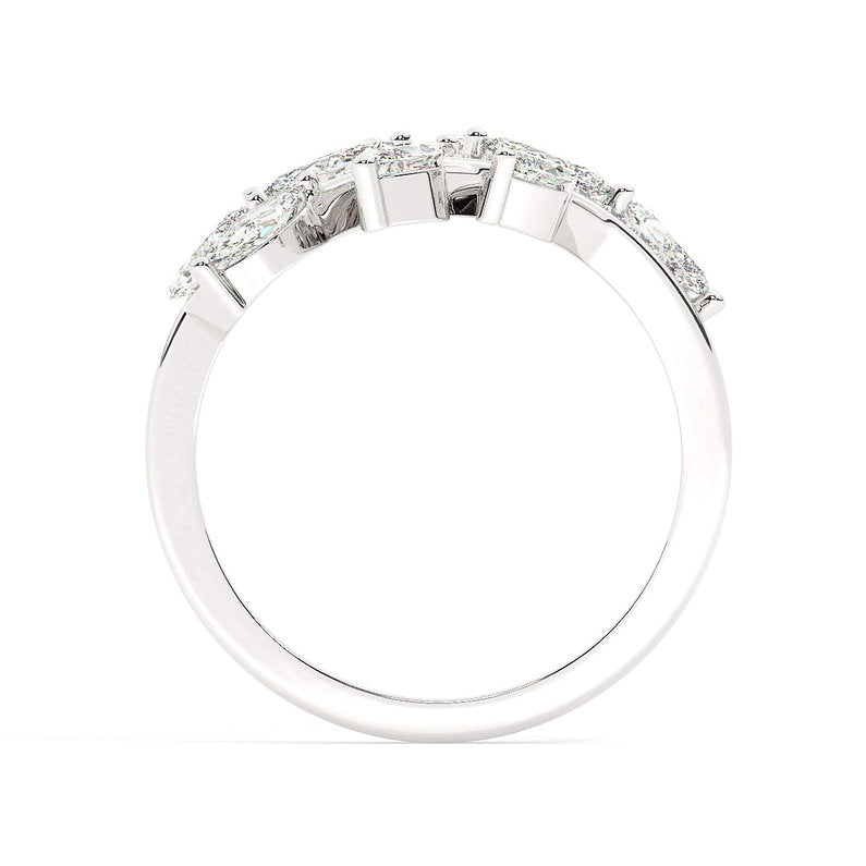 A wrap ring that crosses over and lays on your finger perfectly to flaunt the beautifully cut diamonds that look like little leaves covered with due drops.