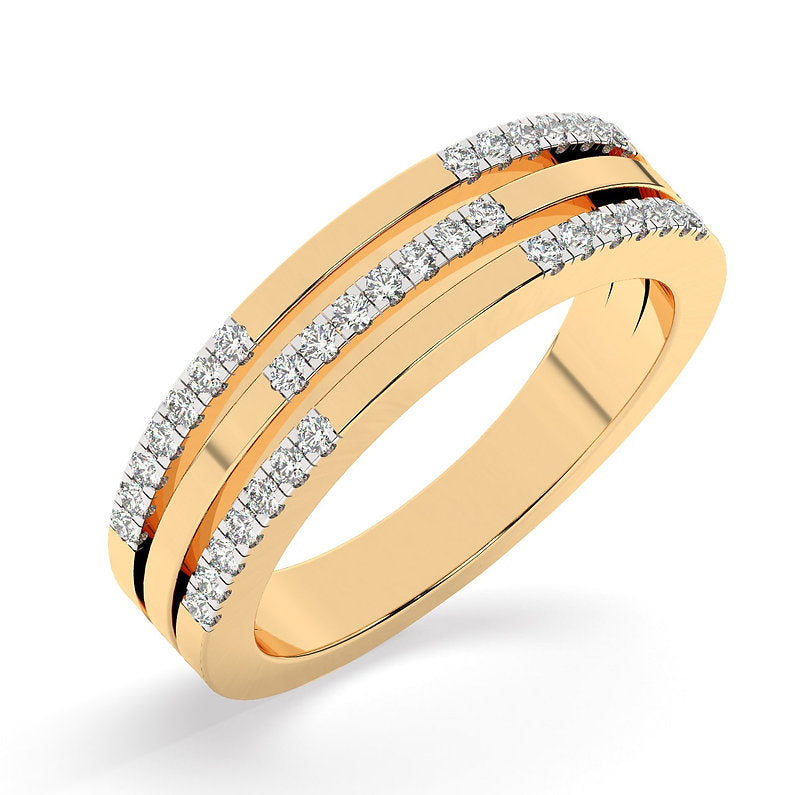 A flat ring consisting of three running bands of gold, studden alternately for a gorgeous contrast lending a modern aesthetic to your outfits.